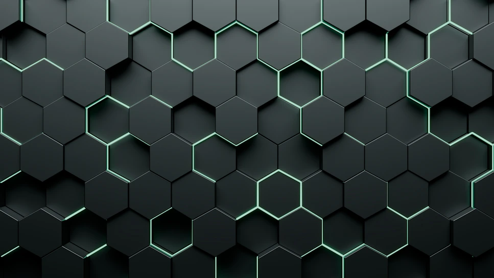 Abstract geometric hexagonal pattern in dark matte tones with subtle technological circuit lines.
