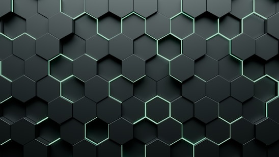 A dark, sleek honeycomb pattern with blue gradients evoking a high-tech, space-age atmosphere.