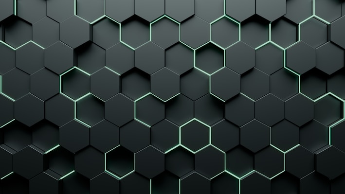 Dark sleek hexagonal pattern with glowing blue lines representing futuristic technology.