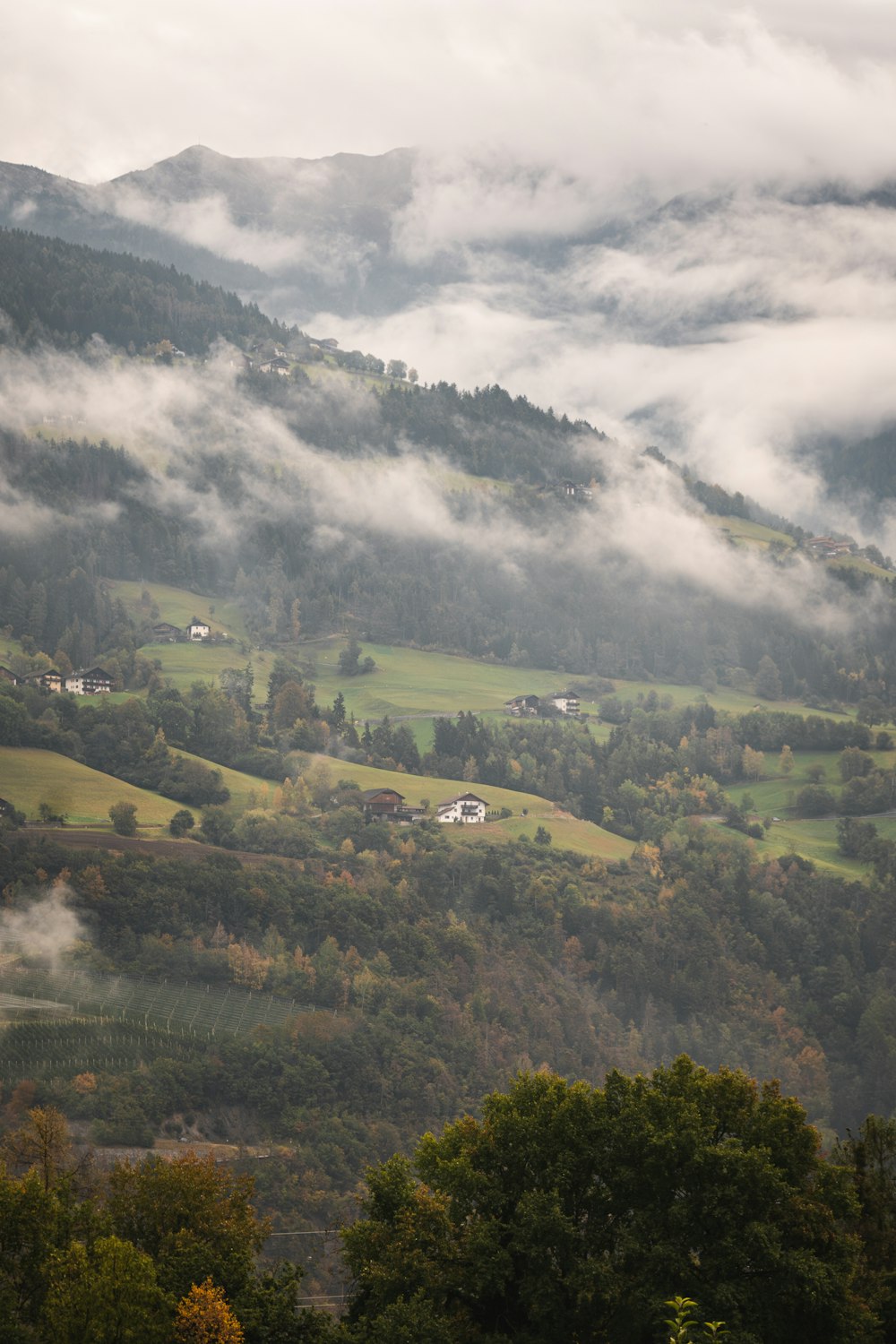 a view of a valley with a few houses in the distance