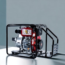 A portable diesel engine generator encased within a black metal frame, featuring a combination of silver, red, and black components. The engine housing displays branding and instructional graphics. The backdrop is a plain, muted gray-blue surface.