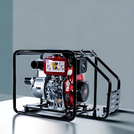 A portable diesel engine generator encased within a black metal frame, featuring a combination of silver, red, and black components. The engine housing displays branding and instructional graphics. The backdrop is a plain, muted gray-blue surface.