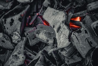 Charred pieces of wood with visible bright red and orange embers nestled between the cracks. The texture of the wood is rough and splintered, contrasting with the glowing warmth of the coals underneath.
