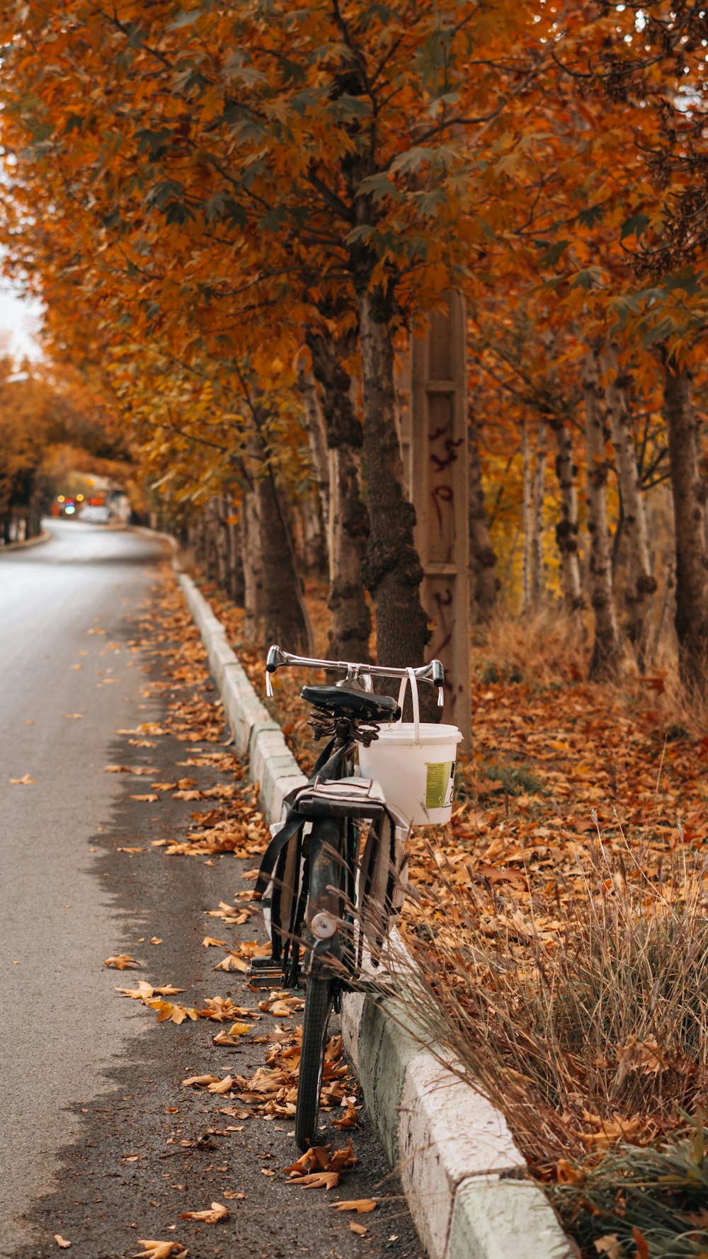 a bicycle parked on the side of a road