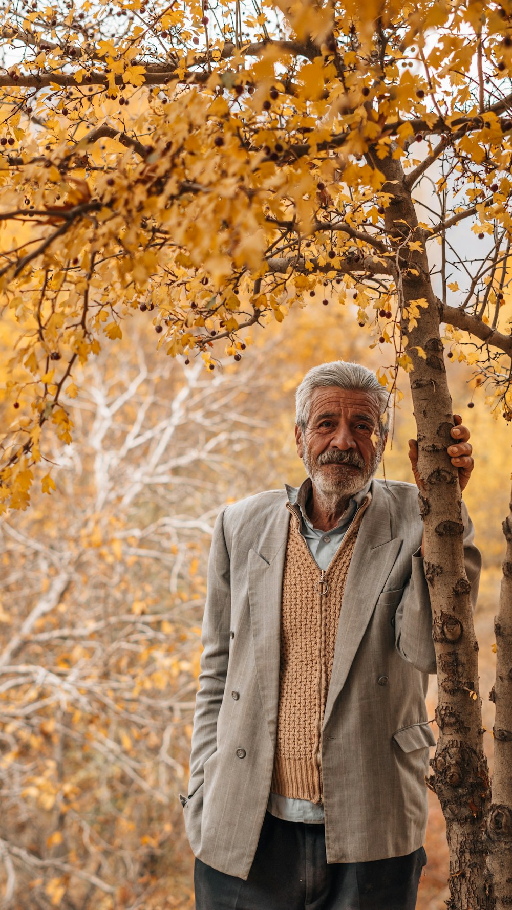 a man standing next to a tree in a forest