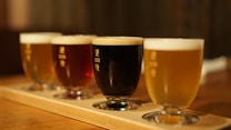 A wooden tray holds four glasses filled with different types of beer, each glass featuring a different hue ranging from light amber to deep brown. The glasses are neatly arranged in a row, showcasing a creamy foam on top, indicating freshly poured servings.