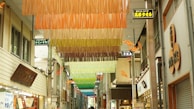 A covered shopping street with colorful hanging decorations forming a gradient from orange to green. Signs written in Japanese hang above the shops on either side. The area is well-lit and adorned with autumnal elements like branches with orange leaves.