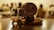 A wooden barrel and two glasses of whiskey are placed on a reflective surface with a blurred background of people in a dimly lit environment.