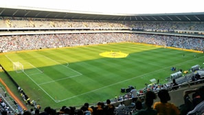 A large soccer stadium filled with a cheering crowd. The field is well-maintained with vibrant green grass, and players can be seen scattered on the pitch. The atmosphere is lively and bustling, typical of a sports event.