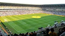 A large soccer stadium filled with a cheering crowd. The field is well-maintained with vibrant green grass, and players can be seen scattered on the pitch. The atmosphere is lively and bustling, typical of a sports event.