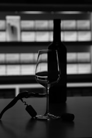 A silhouette of a wine glass and a wine bottle against a blurred background of shelves. A corkscrew with a cork attached rests in the foreground, casting a shadow on the surface.