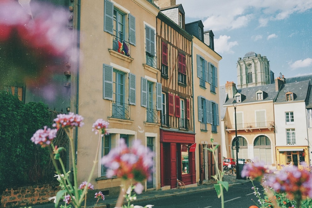 a street with flowers and buildings in the background