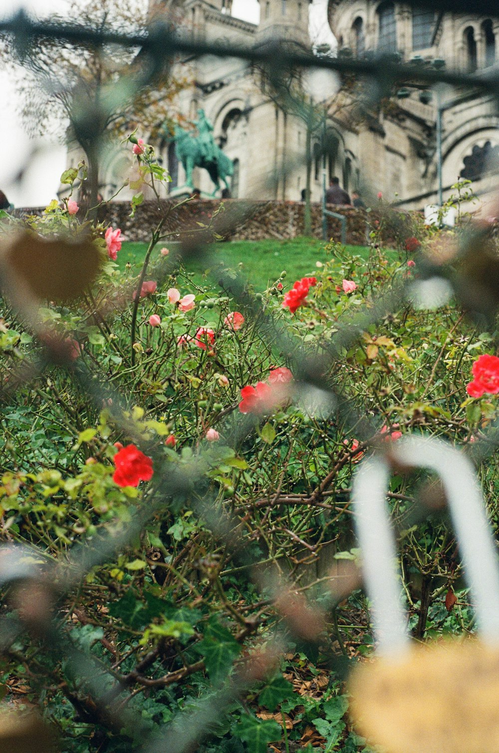 a view of a building through a fence