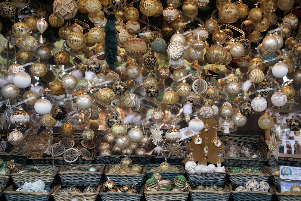 a display in a store filled with lots of ornaments