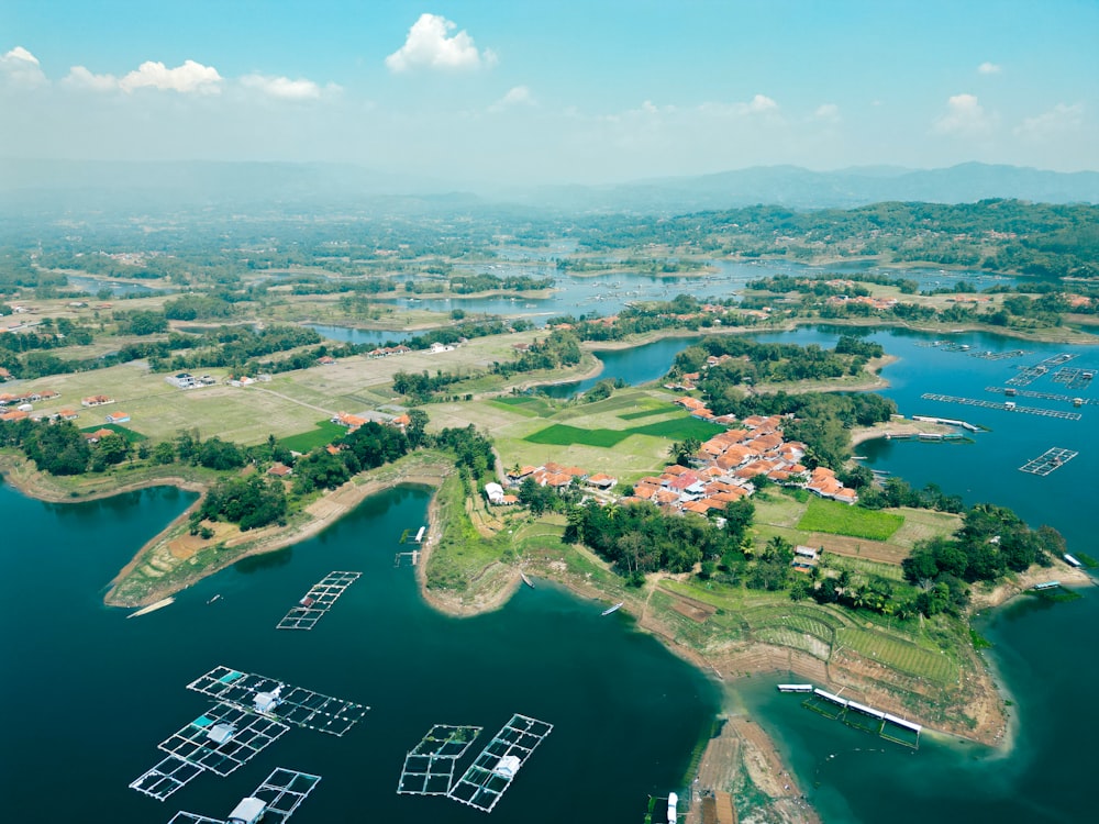 an aerial view of a small island surrounded by water