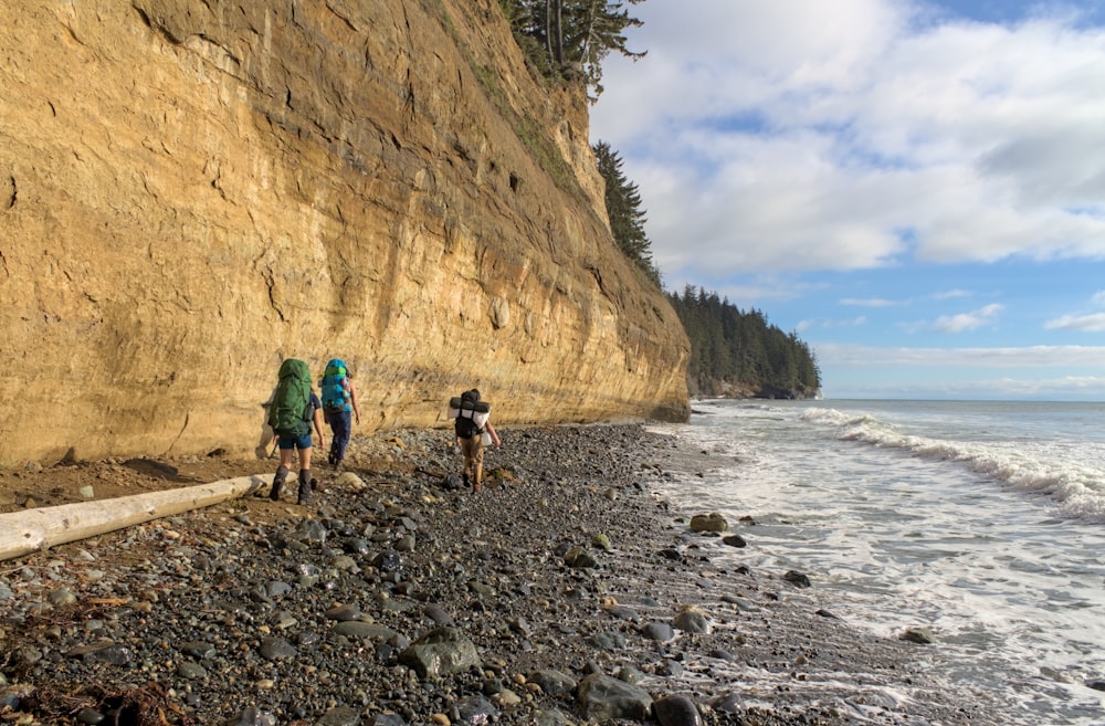 a group of people walking along a rocky beach