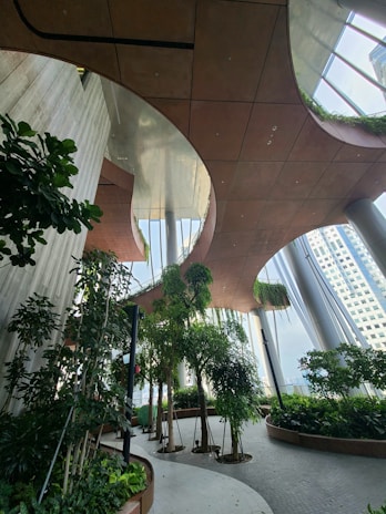 A spacious indoor garden area with various potted plants and trees. The design features curved wooden ceiling panels and large glass windows that allow natural light to flood the area. There are plant beds lining a winding path, creating a serene and natural environment within a modern architectural setting.
