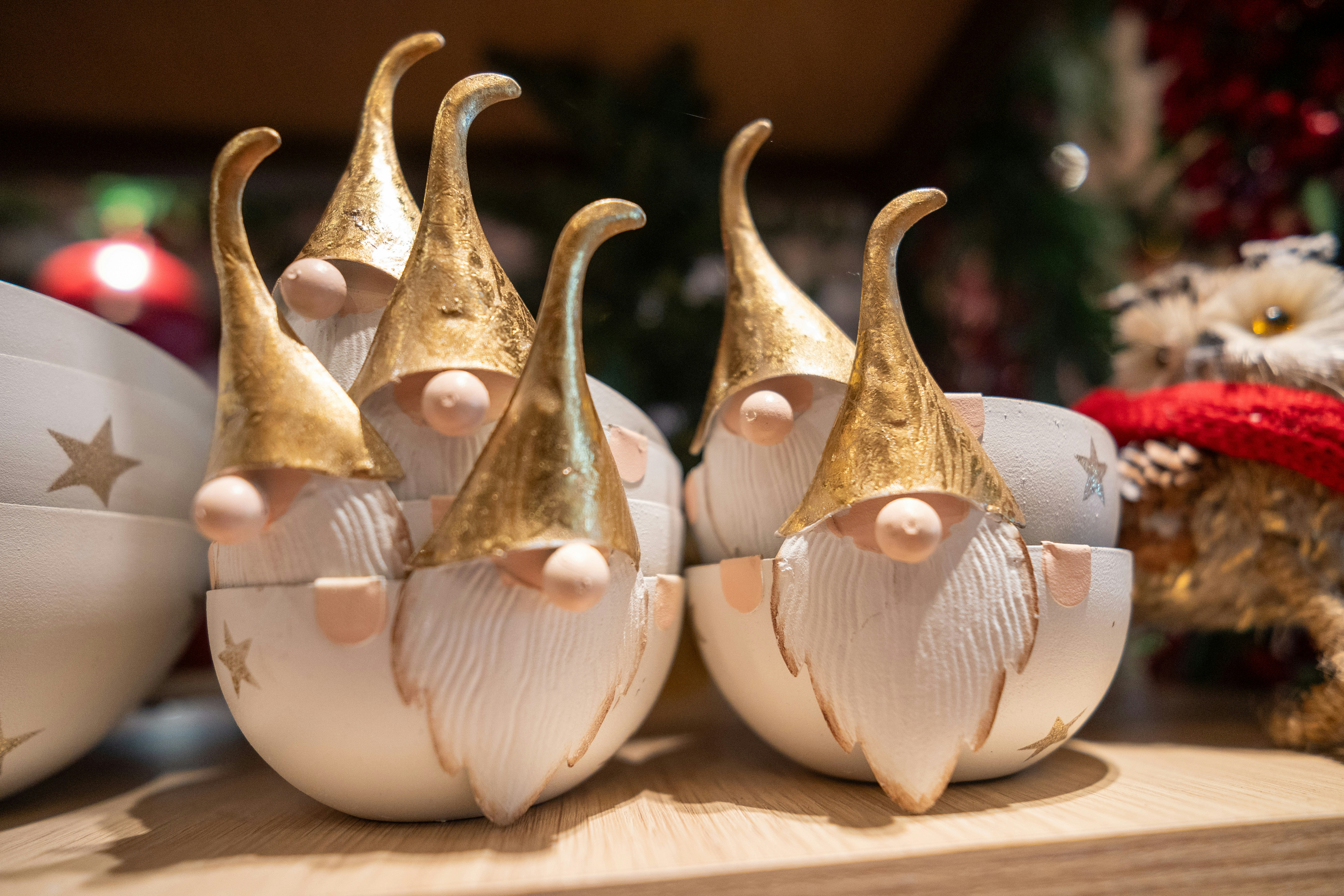 a close up of a group of ornaments on a table