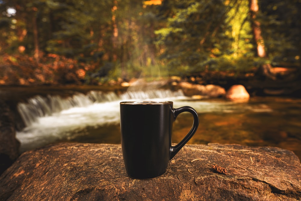 a coffee cup sitting on a rock in front of a stream