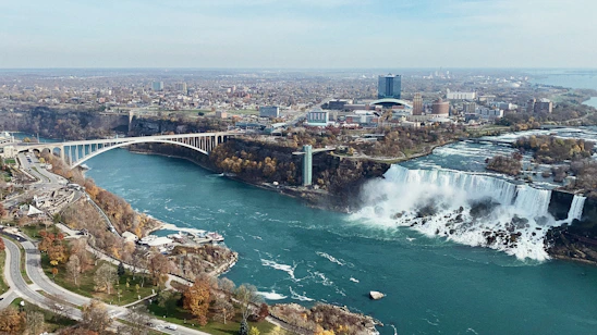 A colorful collage showing Niagara Falls, a bustling local market, and a peaceful lakeside park.