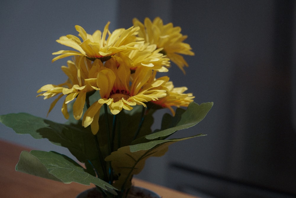 a vase filled with yellow flowers on top of a wooden table