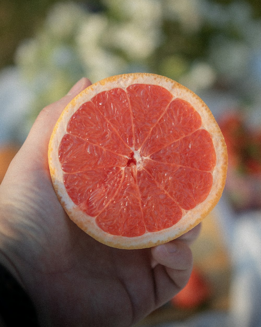 a person holding a grapefruit in their hand