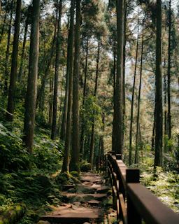 A serene forest path lined with tall green trees and soft sunlight
