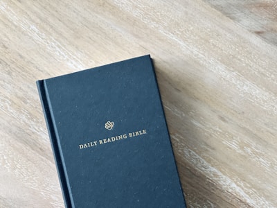 A black hardcover book titled 'Daily Reading Bible' is placed on a wooden surface. The book's cover features minimalistic gold lettering in the center.
