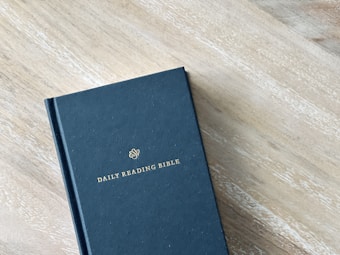 A black hardcover book titled 'Daily Reading Bible' is placed on a wooden surface. The book's cover features minimalistic gold lettering in the center.