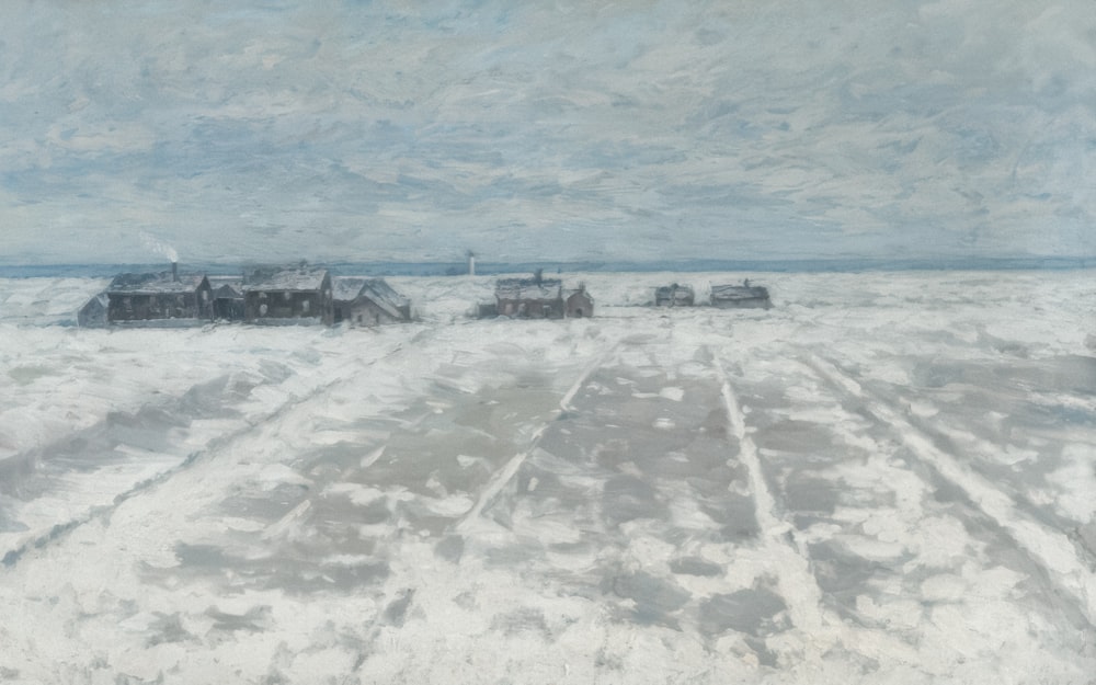 a painting of a snow covered field with houses in the distance