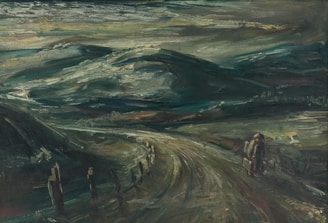 A winding road passes through a hilly, dark landscape under a cloudy sky. The scene appears to be set during dusk or dawn, with low light casting shadows over the hills. The road curves and disappears into the distance, flanked by fence posts. A lone figure carrying a bundle or backpack walks along the road.