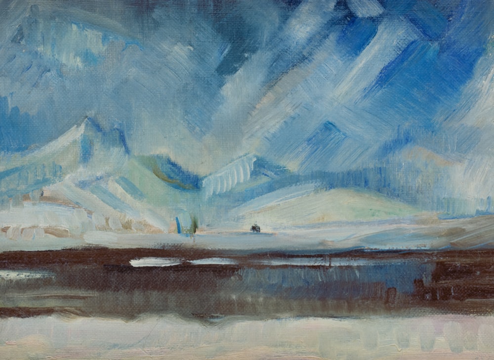 uma pintura de uma paisagem com montanhas ao fundo