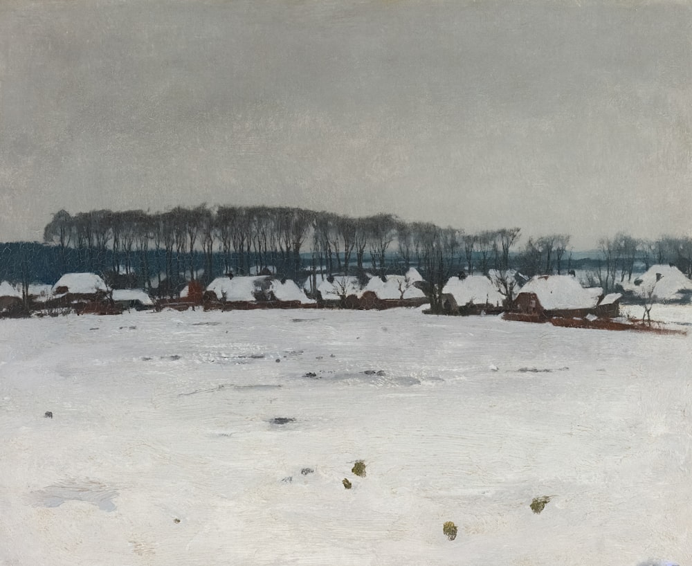 a painting of a snowy landscape with houses and trees