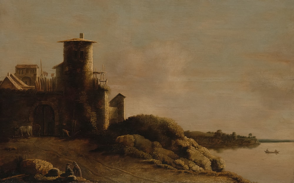 a painting of a castle by a body of water