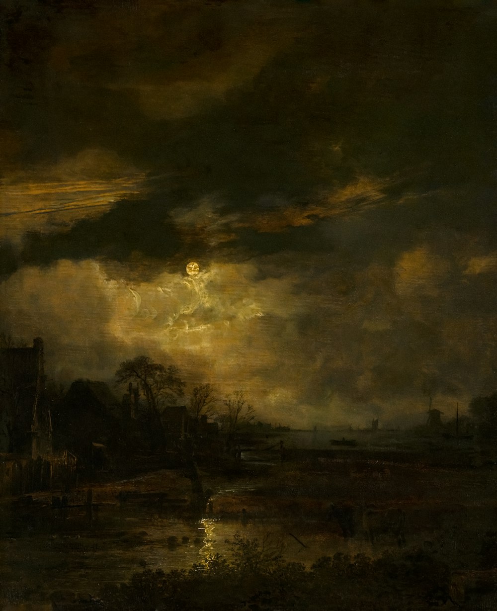 a painting of a cloudy night with a full moon
