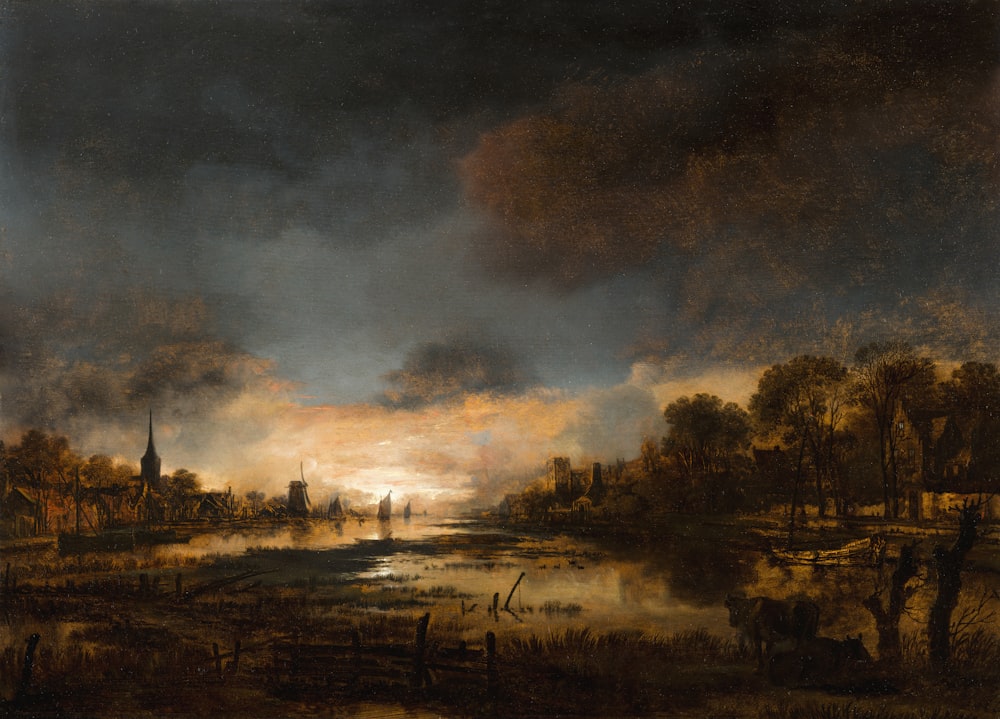 a painting of a river with a city in the distance