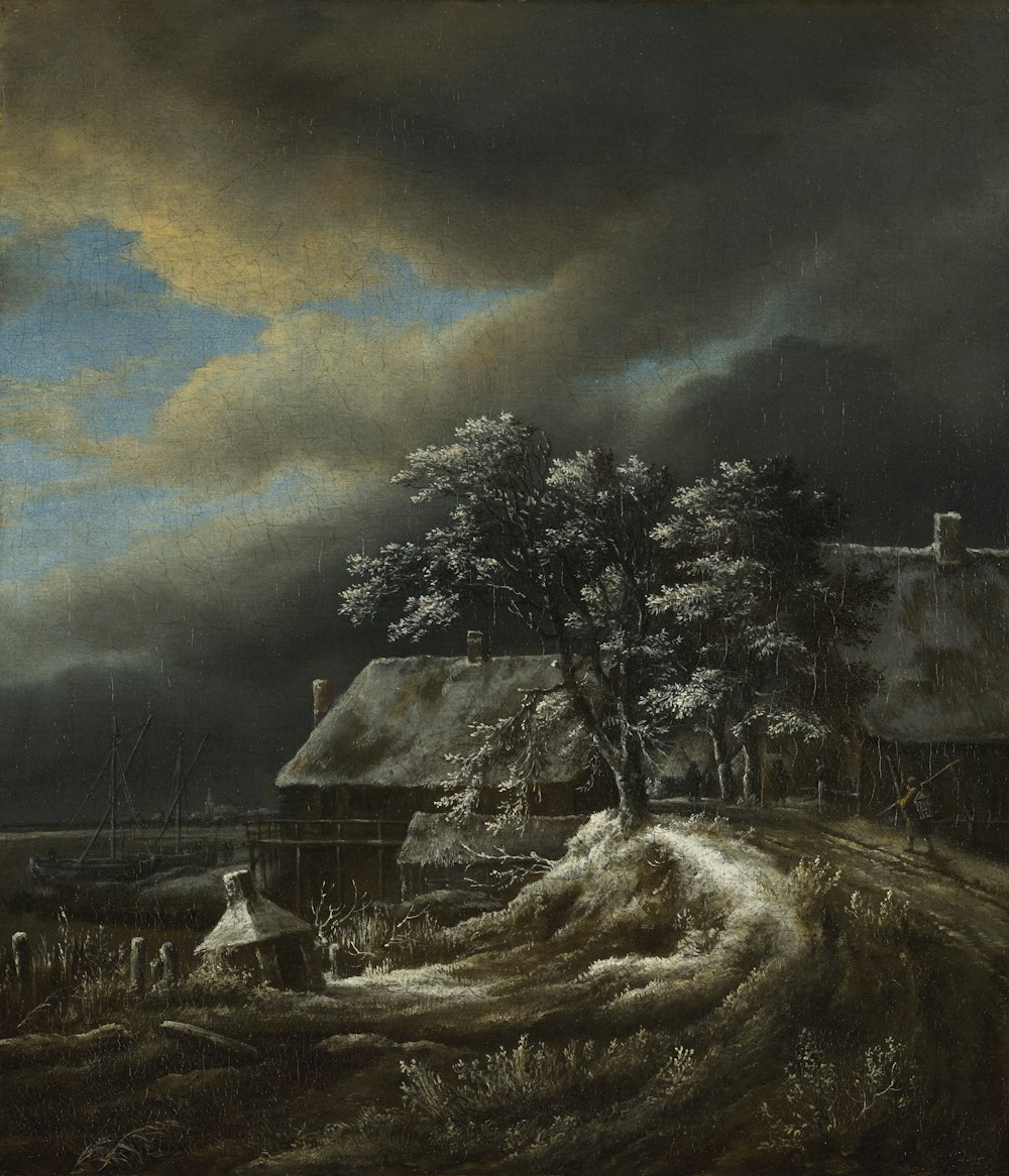 a painting of a house with a stormy sky in the background