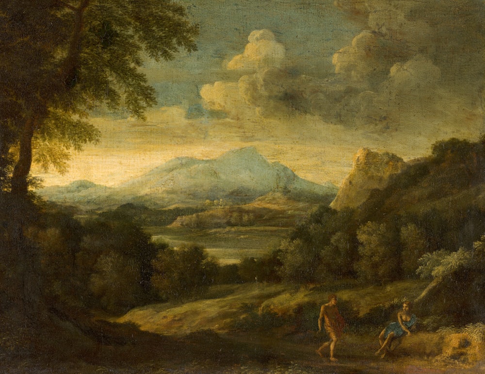 uma pintura de um homem e uma mulher em uma paisagem montanhosa