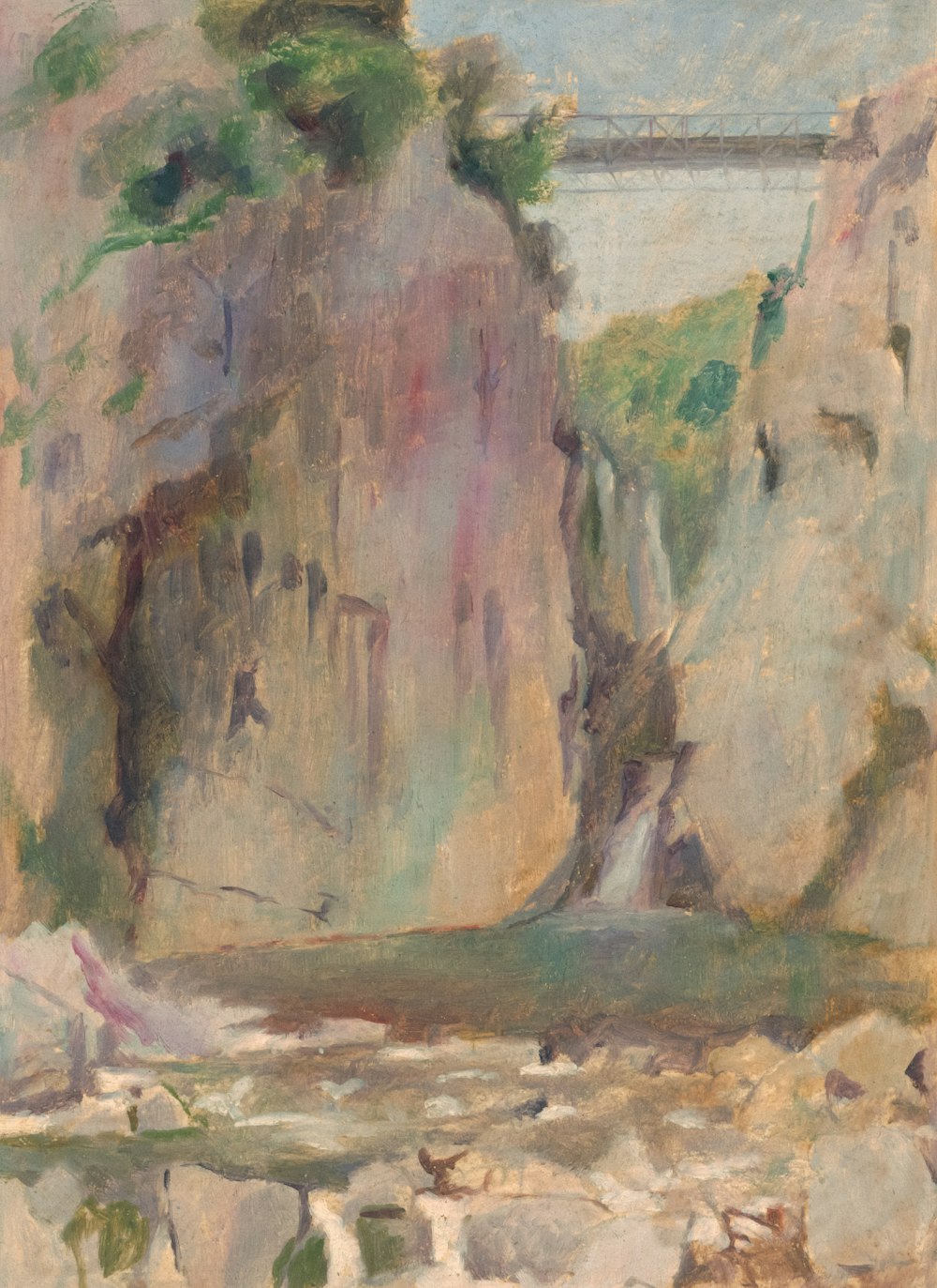 una pintura de una cascada con un puente en el fondo