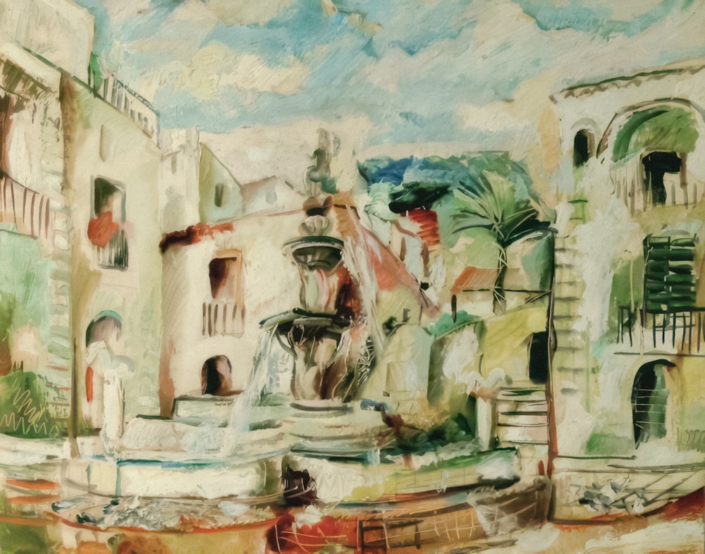 uma pintura de uma fonte em frente a um edifício