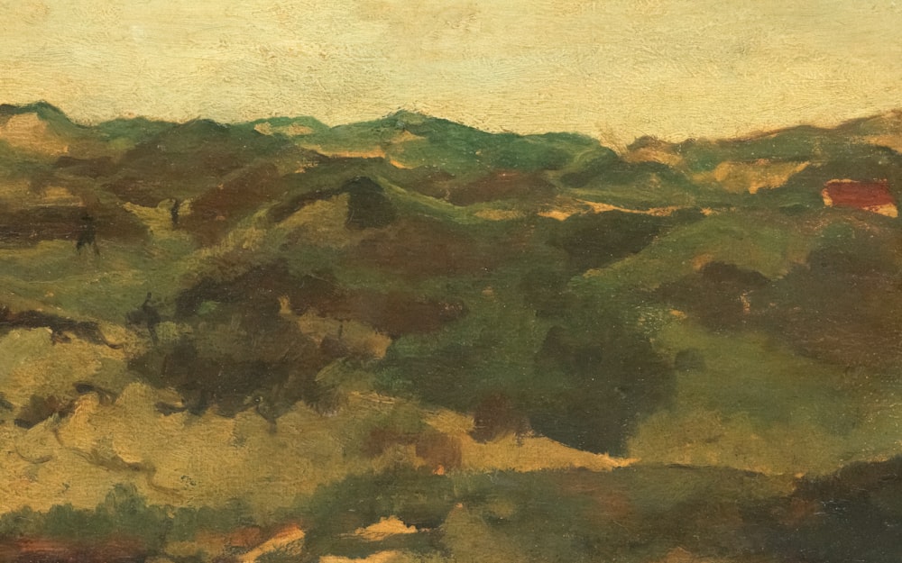 a painting of a hilly area with trees
