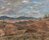 A landscape painting depicting rolling hills and a vast sky filled with fluffy clouds. The foreground features earthy tones of brown and green, showcasing the rugged terrain. In the background, distant mountains provide a sense of depth, while patches of greenery suggest sparse vegetation.