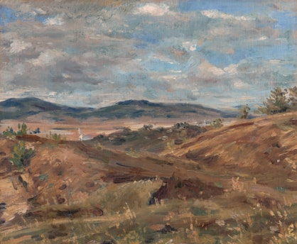 A landscape painting depicting rolling hills and a vast sky filled with fluffy clouds. The foreground features earthy tones of brown and green, showcasing the rugged terrain. In the background, distant mountains provide a sense of depth, while patches of greenery suggest sparse vegetation.