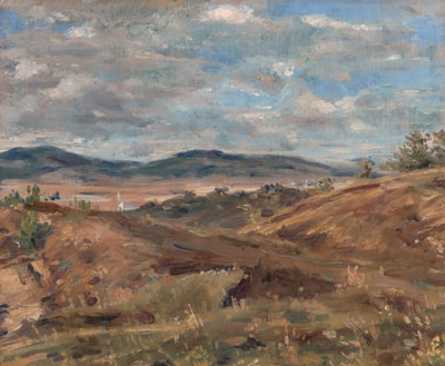A landscape painting depicting rolling hills and a vast sky filled with fluffy clouds. The foreground features earthy tones of brown and green, showcasing the rugged terrain. In the background, distant mountains provide a sense of depth, while patches of greenery suggest sparse vegetation.