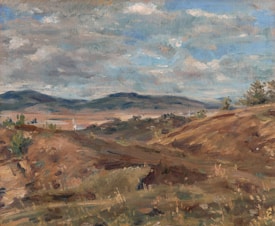A landscape painting depicting rolling hills and a vast sky filled with fluffy clouds. The foreground features earthy tones of brown and green, showcasing the rugged terrain. In the background, distant mountains provide a sense of depth, while patches of greenery suggest sparse vegetation.