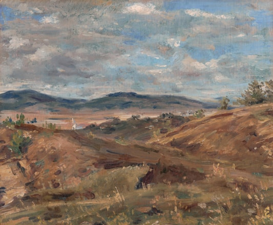 A landscape painting depicting rolling hills and a vast sky filled with fluffy clouds. The foreground features earthy tones of brown and green, showcasing the rugged terrain. In the background, distant mountains provide a sense of depth, while patches of greenery suggest sparse vegetation.