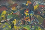 A vibrant abstract painting featuring bold and expressive brushstrokes. The composition includes a mixture of colors and shapes creating an energetic and dynamic feel. There are recognizable forms such as flowers and perhaps human figures integrated within the chaotic, colorful scene.