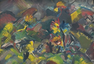 A vibrant abstract painting featuring bold and expressive brushstrokes. The composition includes a mixture of colors and shapes creating an energetic and dynamic feel. There are recognizable forms such as flowers and perhaps human figures integrated within the chaotic, colorful scene.