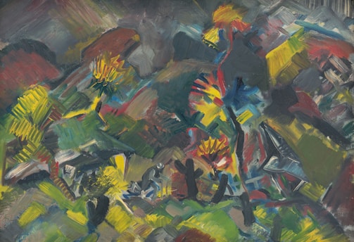 A vibrant abstract painting featuring bold and expressive brushstrokes. The composition includes a mixture of colors and shapes creating an energetic and dynamic feel. There are recognizable forms such as flowers and perhaps human figures integrated within the chaotic, colorful scene.