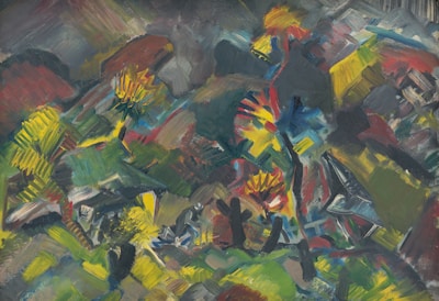 A vibrant abstract painting featuring bold and expressive brushstrokes. The composition includes a mixture of colors and shapes creating an energetic and dynamic feel. There are recognizable forms such as flowers and perhaps human figures integrated within the chaotic, colorful scene.